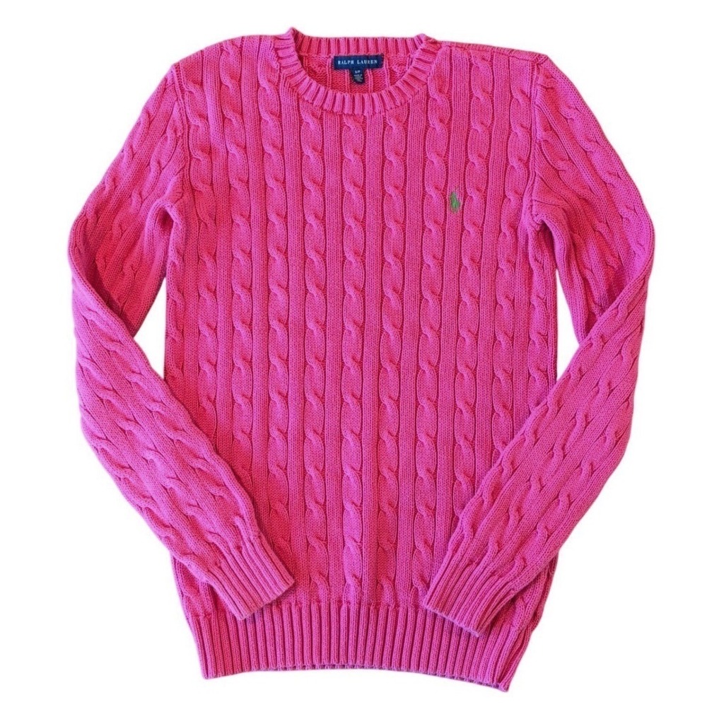Ralph Lauren Womens Fuchsia Cable Knit Sweater S Crew Neck Logo Pullover Preppy